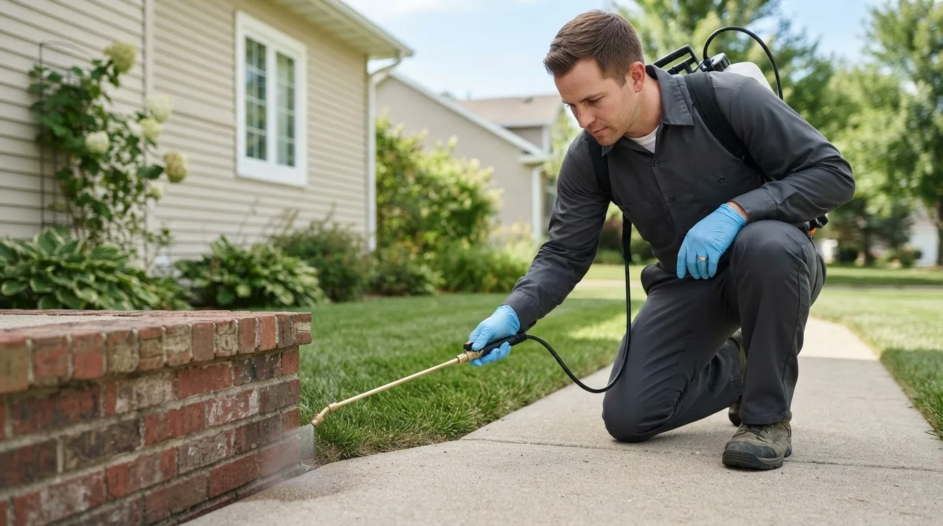 Pest control technician treating a home near Harbor View, OH